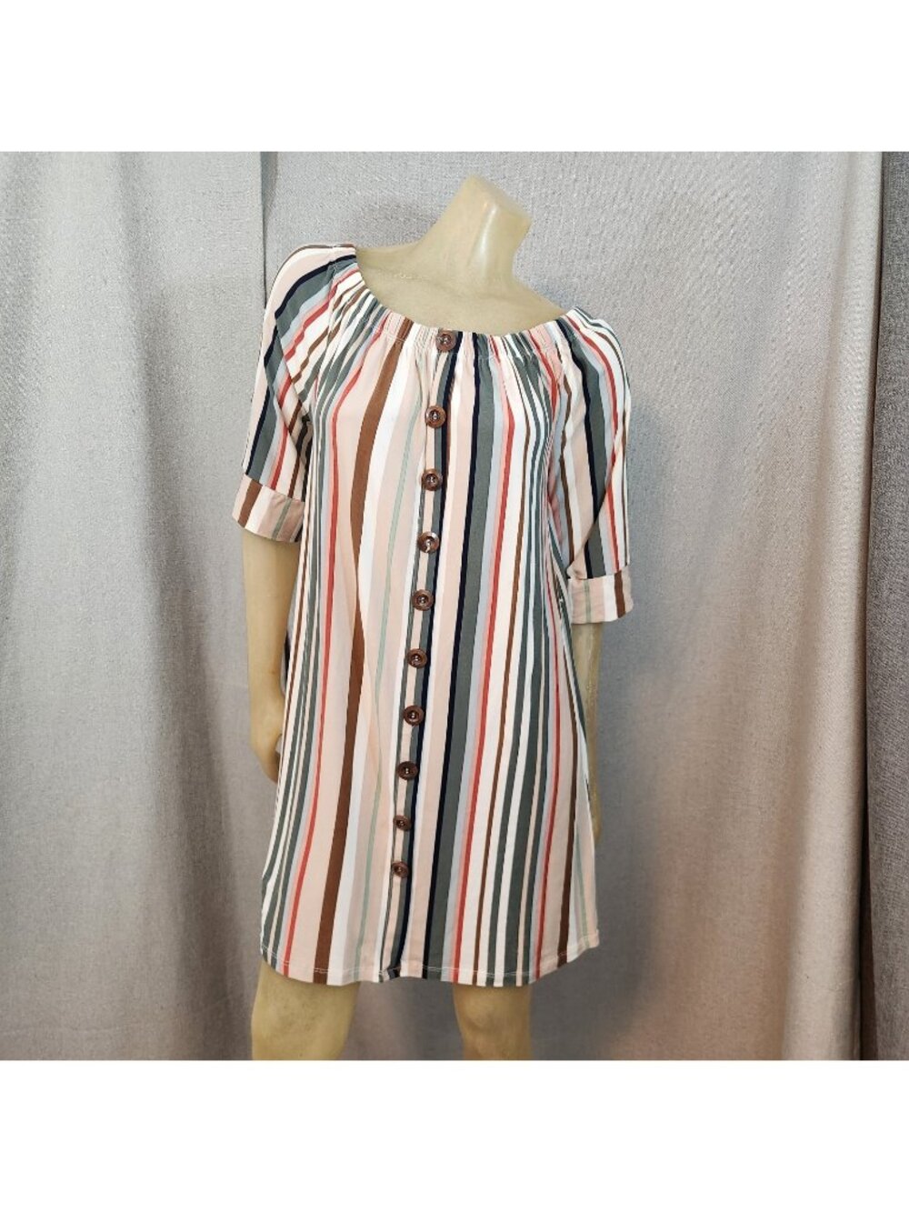 J for Justify Beige Brown Green Striped Scoop Neck Half Sleeve Shift Dress LARGE